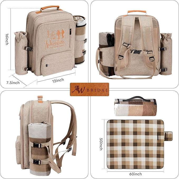 24L Insulated Picnic Basket Leak Proof Picnic Backpack for 2, Light Brown Camping Gifts, Cool Bridal Shower Gifts for Bride & Groom, Mr & Mrs, Anniversary Engagement Wedding for Newly Engaged Couples