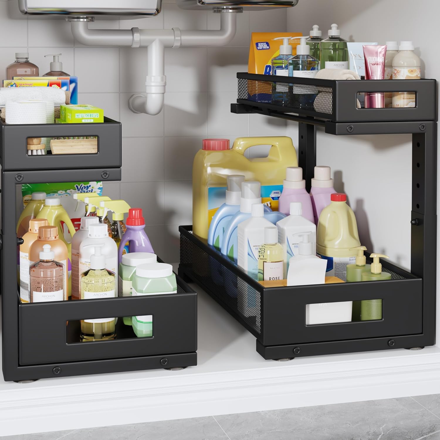 2 Pack 17IN Depth Under Sink Storage Organizer, Large 2-Tier Elegant Mesh Pull Out Shelf for Kitchen and Bathroom Cabinet Organization, L-Shaped and Adjustable Height Design-Black