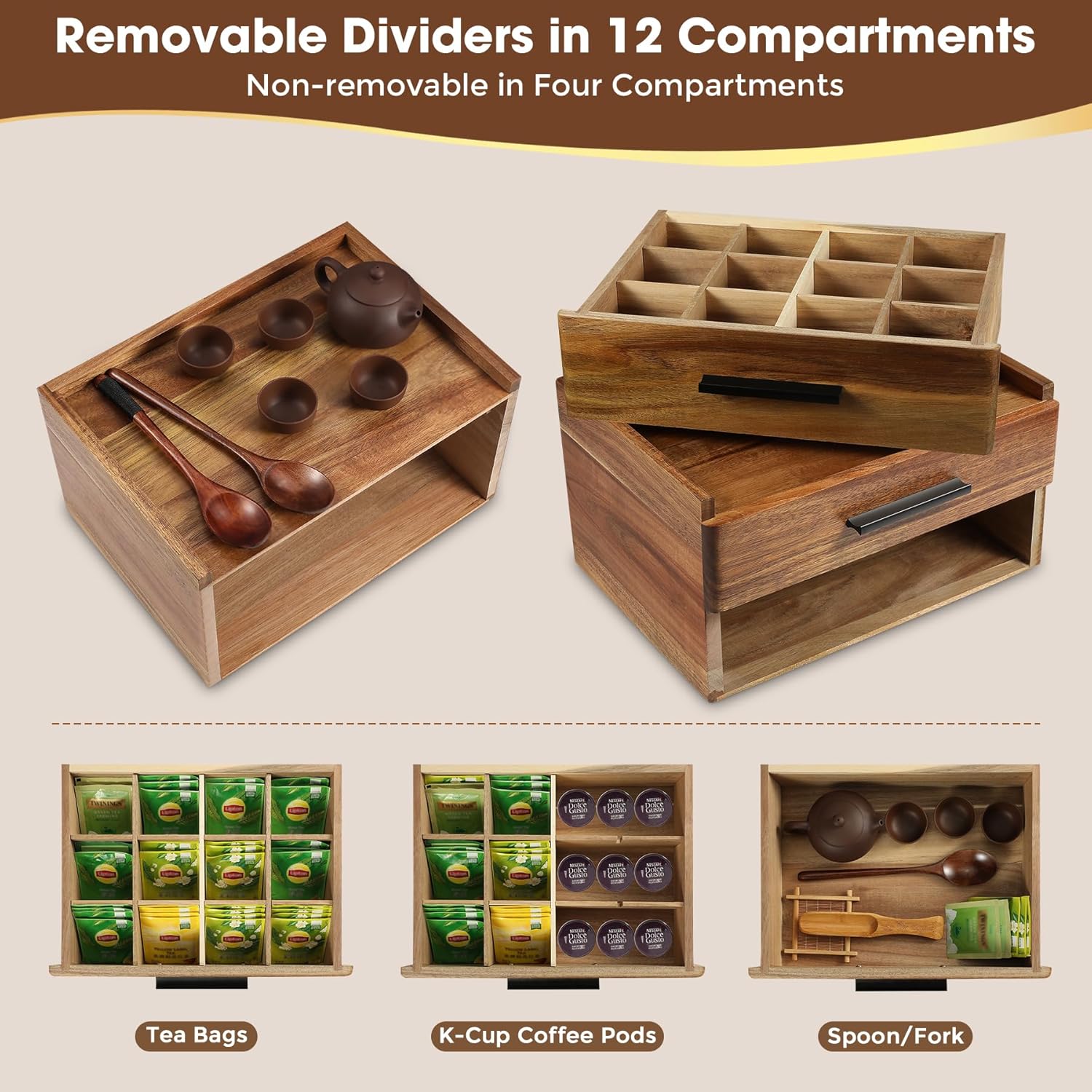 Double-Drawer Acacia Wood Tea Bag Organizer - Tea Box with Drawer, Tea Accessories for Tea Organizers and Storage Box, Tea Station Chest Caddy for Countertop Cabinet Office (16-Compartment, Gift Box)