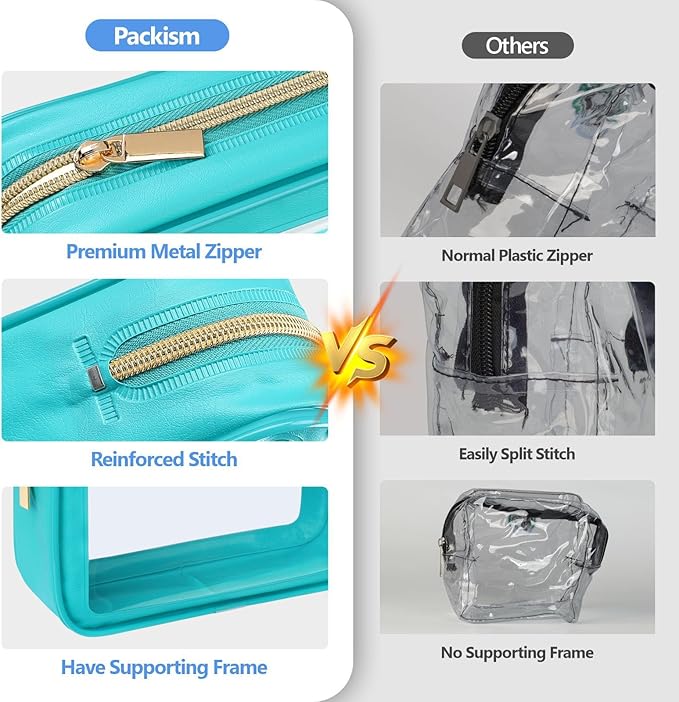 PACKISM TSA Approved Toiletry Bag - 2 Pack Upgrade Color-Edged Clear Makeup Bag, Clear Toiletry Bag For Traveling Fits Various Storage Needs, Turquoise (2 Sizes)