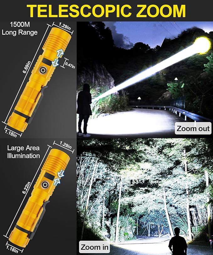 Rechargeable Flashlight High Lumens-12000LM Super Bright Magnetic Flash Light with Power Digital Display,3280Ft Long Range,Dimmable,Waterproof,Pocket LED Flashlights for Emergency Camping 2PC Gold