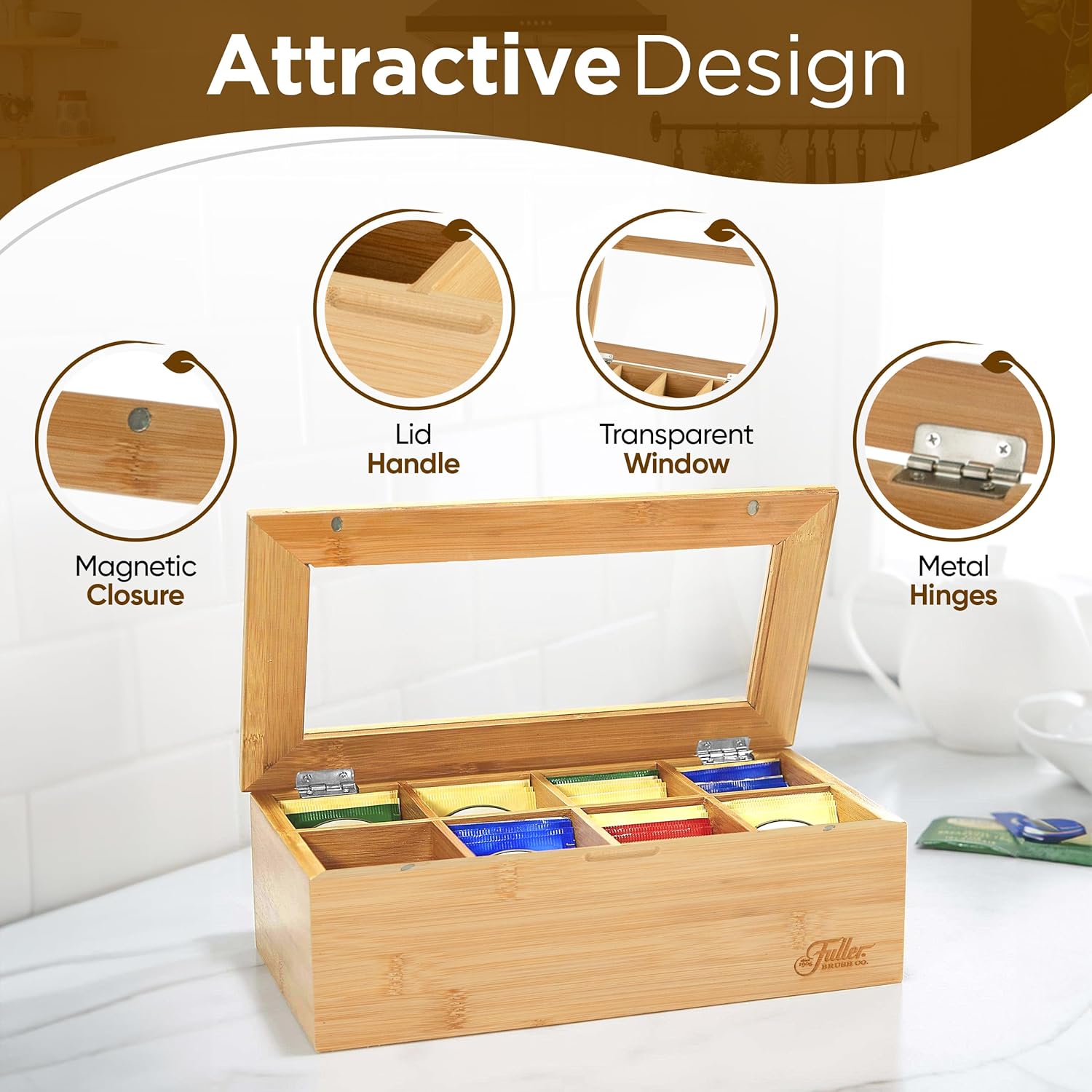 Fuller Bamboo Tea Box Organizer with 8 Compartments – Natural Bamboo Tea Storage Case with Clear Acrylic Lid – Elegant Fuller Tea Caddy for Tea Bags, Coffee Pods, Spices & More – Home & Office
