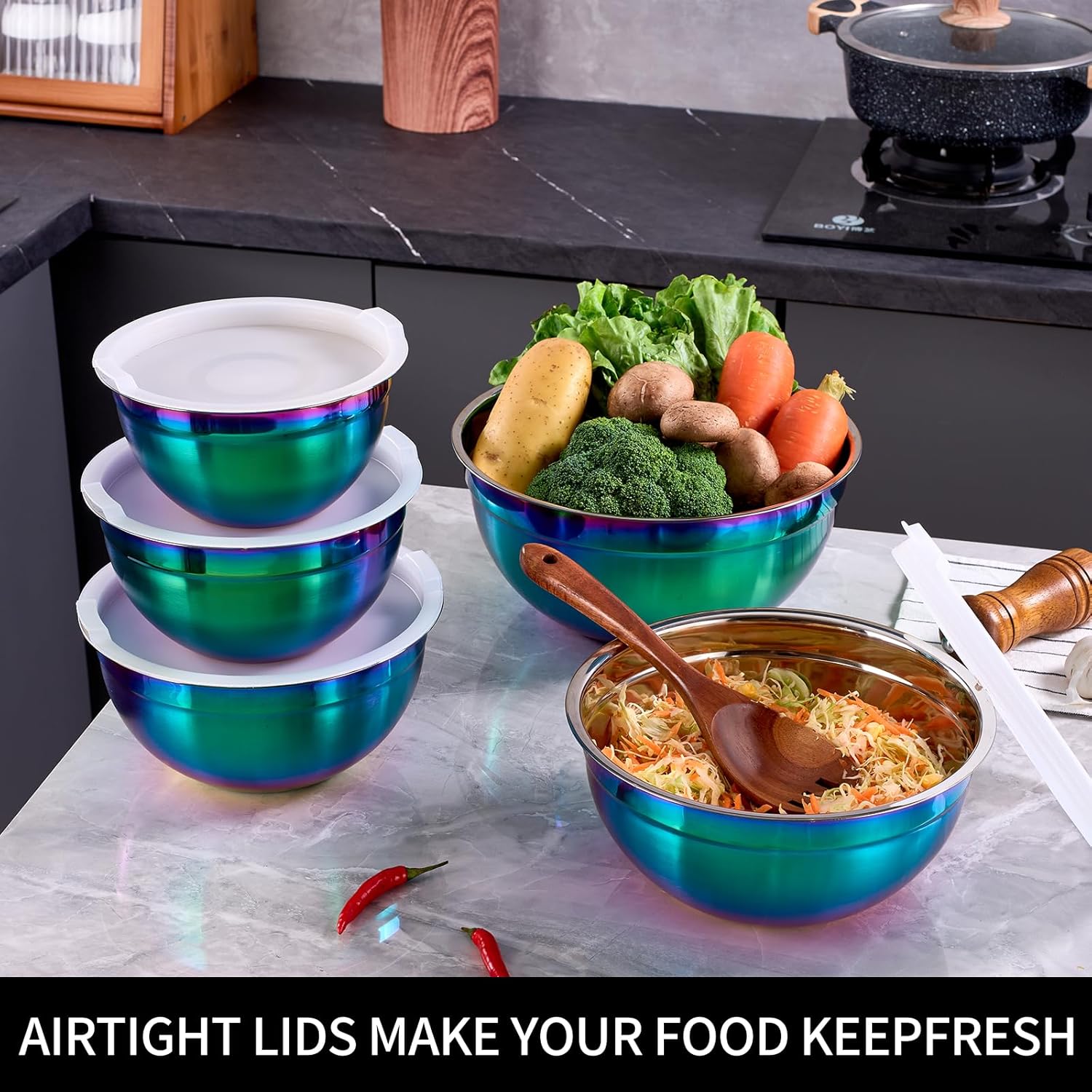 Rainbow Mixing Bowls with Lids Set of 5, Stainless Steel Nesting Bowl with Khaki Lid for Non-slip Mixing Prepping Storing Serving, 5 Sizes-5.5/3.6/2.7/2.1/1.5 QT