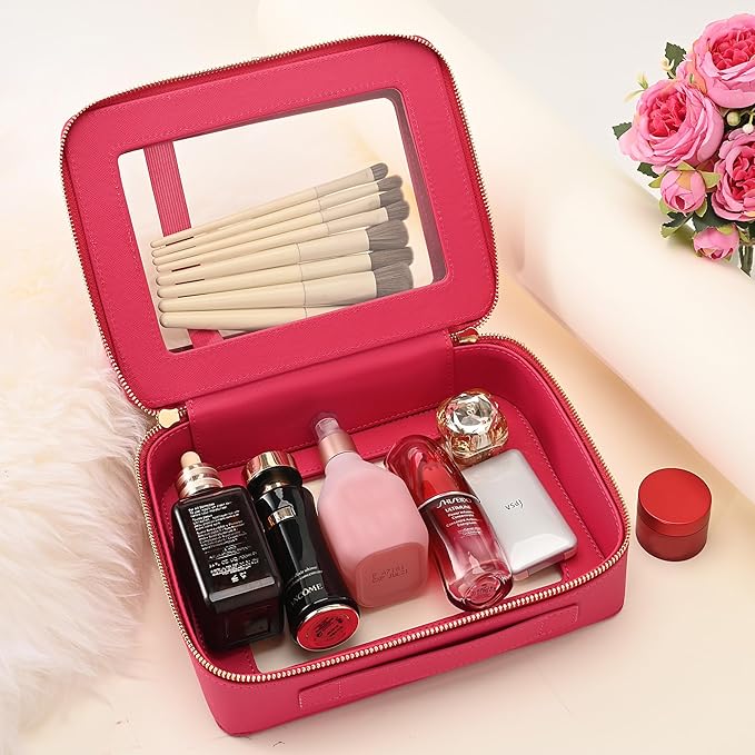 Aveniee Clear Makeup Bags, Double Layer Cosmetic Bags with a Separate Brush Compartment, Large Travel Toiletry Bag Train Case for Women, Travel Accessories Organizer(2 Layers Large, Hotpink)