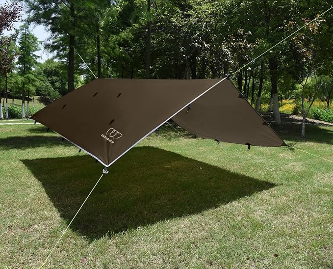 Gold Armour Rainfly Tarp Hammock, Premium 14.7ft/12ft/10ft/8ft Rain Fly Cover, Waterproof Ultralight Camping Shelter Canopy, Survival Equipment Gear Camping Tent Accessories (Brown 14.7ft x 12ft)