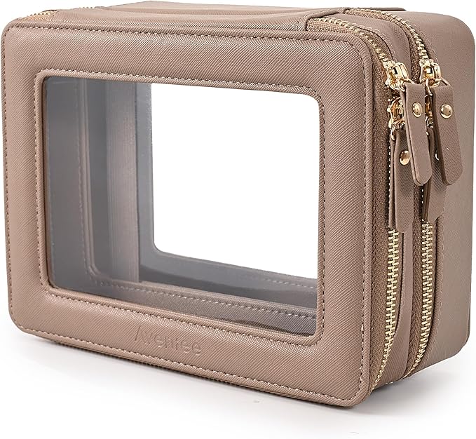 Aveniee Large Clear Makeup Bags, Double Layer Cosmetic Bags with Separate Brush Compartment, Travel Toiletry Bag Cosmetic Train Case, Travel Accessories Organizer for Women(2 Layers, Brown)