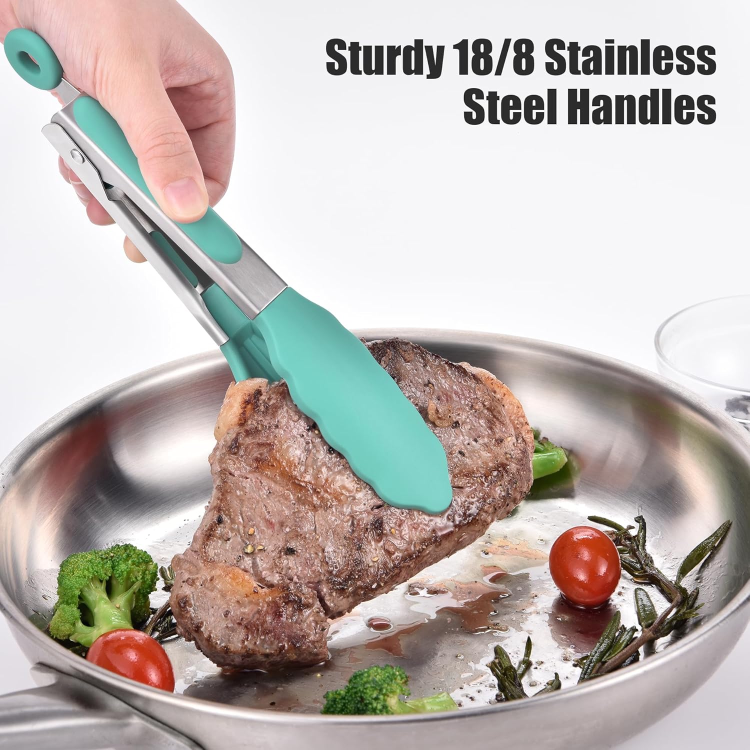 Doosu Kitchen Tongs for Cooking - 600°F Heat Resistant Food Tong with Non-Scratch Silicone Tips, Heavy Duty Stainless Steel Locking Tong for BBQ, Grilling Steak, Serving Salad, Pasta (7in, Aqua Sky)