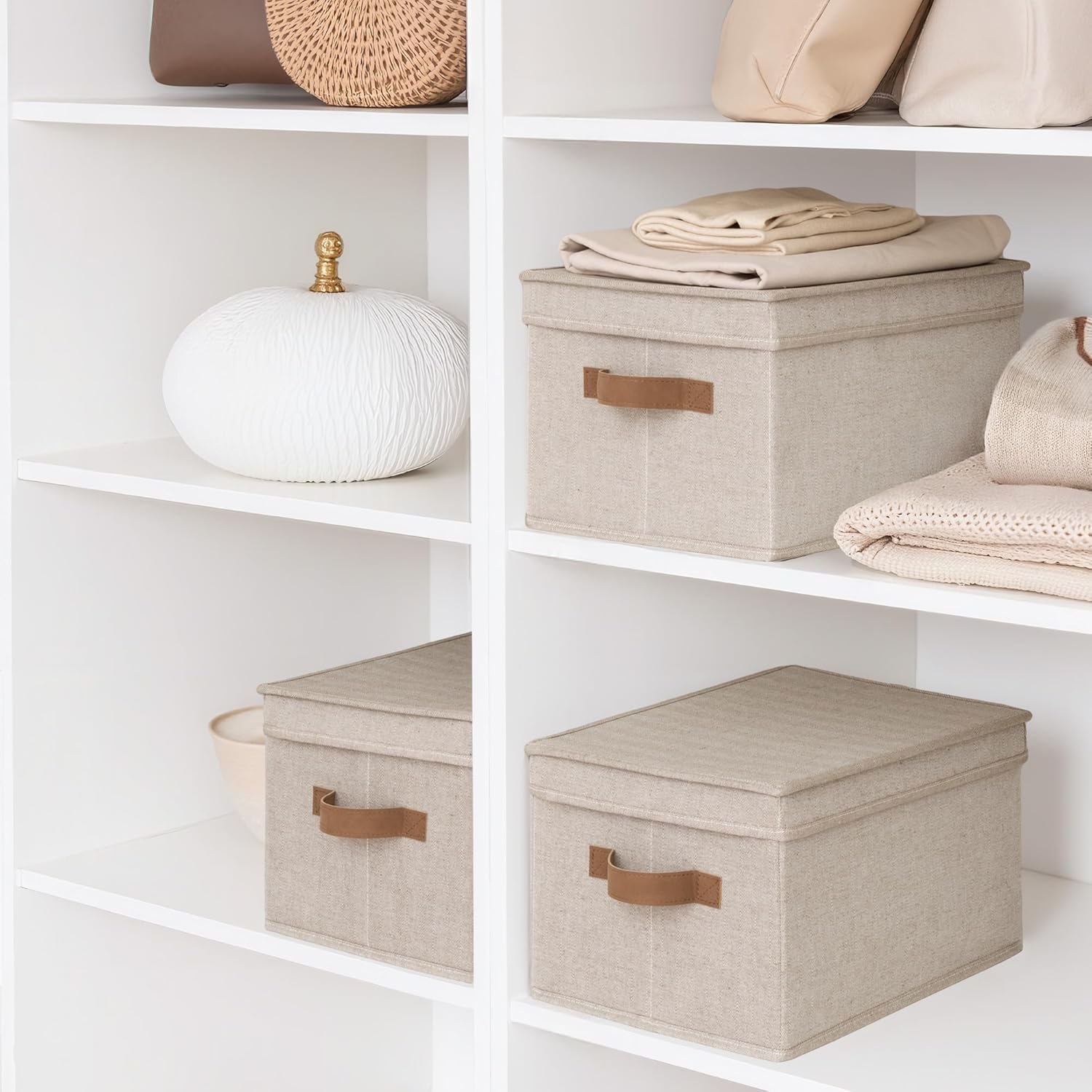 StorageWorks Large Storage Bins with Lids, Decorative Storage Boxes with Lid and PU Handles, Foldable Storage Baskets for Closet, Shelves, Stackable, Brown and Beige, 3-Pack