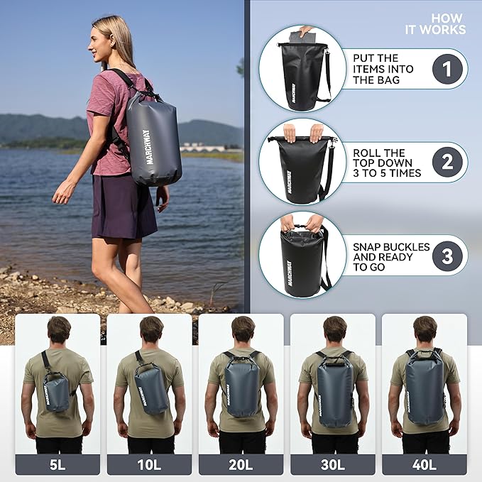 MARCHWAY Floating Waterproof Dry Bag Backpack 5L/10L/20L/30L/40L, Roll Top Sack Keeps Gear Dry for Kayaking, Rafting, Boating, Swimming, Camping, Hiking, Beach, Fishing