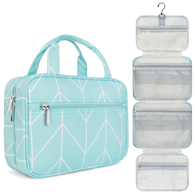 PAVILIA Hanging Toiletry Bag Travel Bag Women Men, Foldable Cosmetic Organizer, Roll up Makeup Bag, Water Resistant Accessories Toiletries, Large Travel Essentials Kit (Teal Chevron)