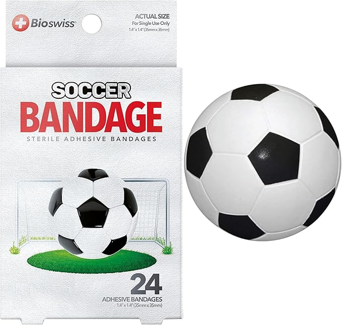 BioSwiss Bandages, Soccer Ball Shaped Self Adhesive Bandage, Latex Free Sterile Wound Care, Fun First Aid Kit Supplies for Kids, 24 Count