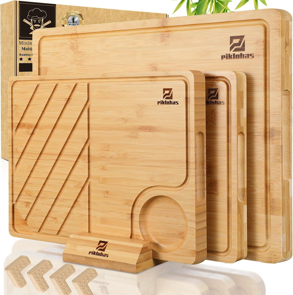 Bamboo Cutting Boards Large Set of 4 for Kitchen, Wood Charcuterie Chopping Board with Holder Non Slip, Steak Serving Tray with Juice Groove, Big Butcher Block for Cheese, Ideal for Gift