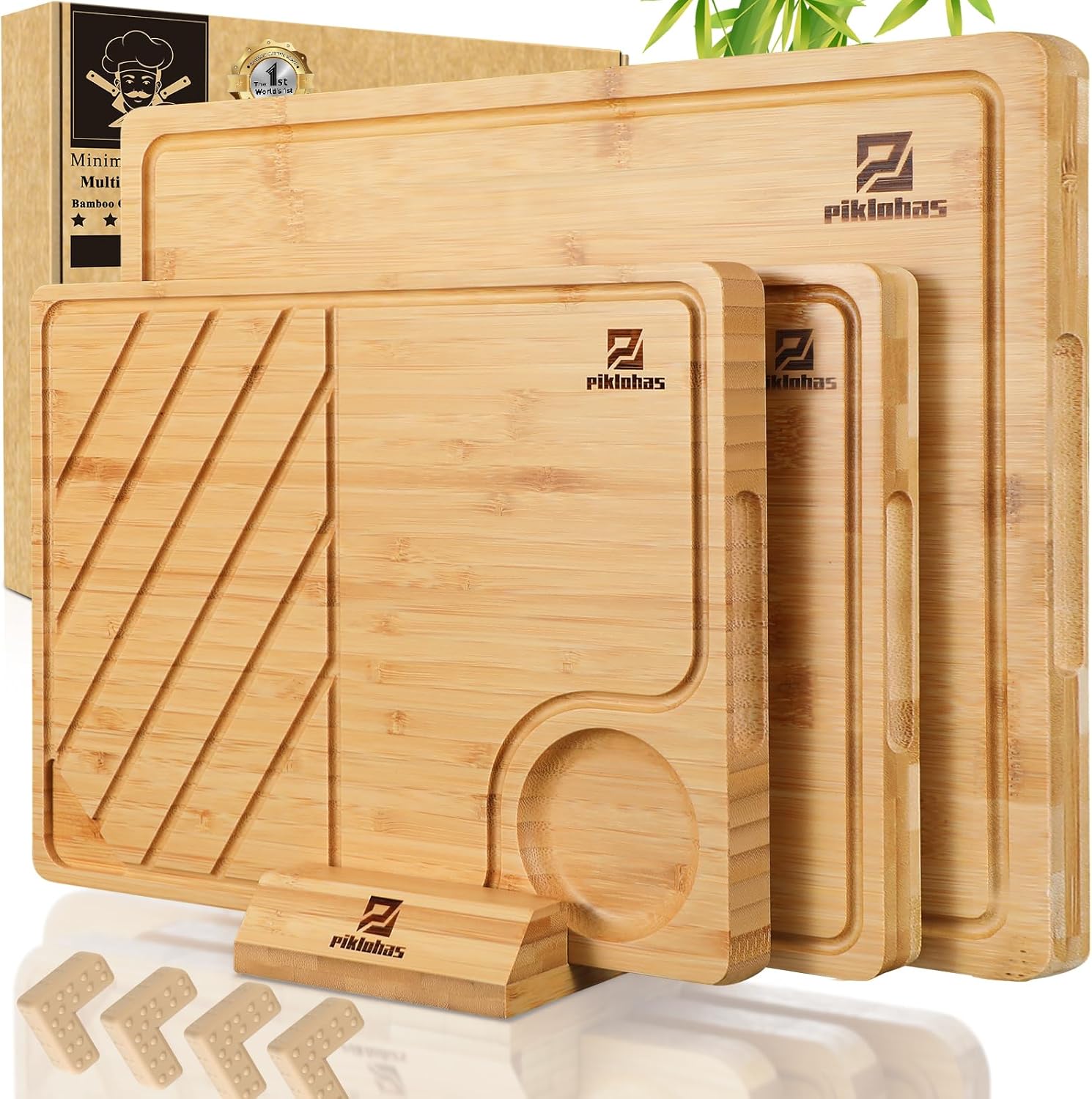 Bamboo Cutting Boards Large Set of 4 for Kitchen, Wood Charcuterie Chopping Board with Holder Non Slip, Steak Serving Tray with Juice Groove, Big Butcher Block for Cheese, Ideal for Gift