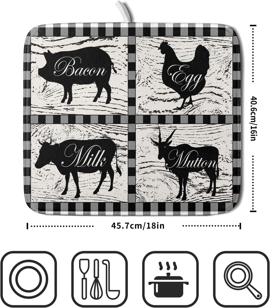 Farmhouse Animal Dish Drying Mat Buffalo Plaid Drainer Rack Mats Fast Dry Absorbent Kitchen Countertop Protector Dishes Pad 16x18 Inch