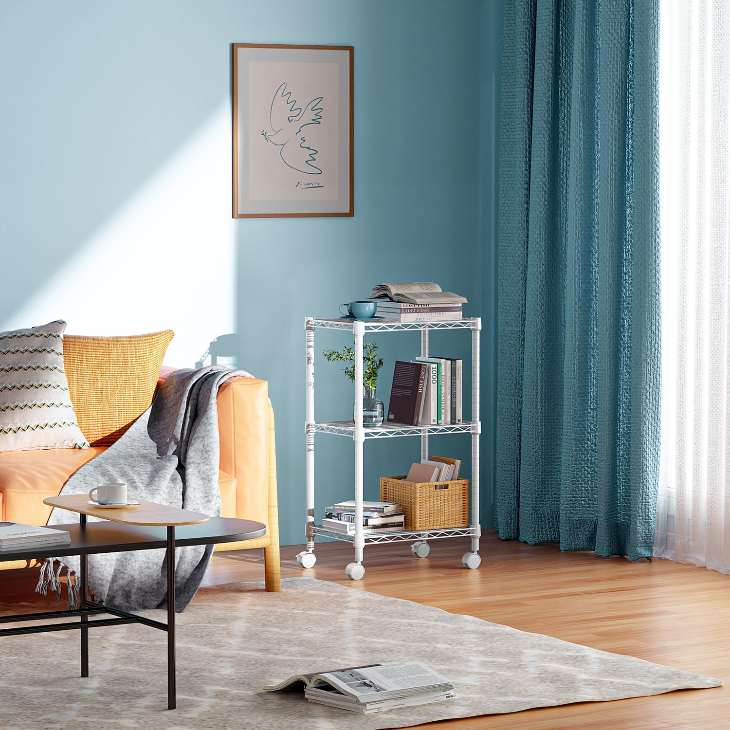 3 Tier Shelf Metal Storage Shelves Wire Rack Closet Organizers with Wheel for Garage Kitchen Bathroom Laundry White 11.8" D x 17.7" W x 29.8" H