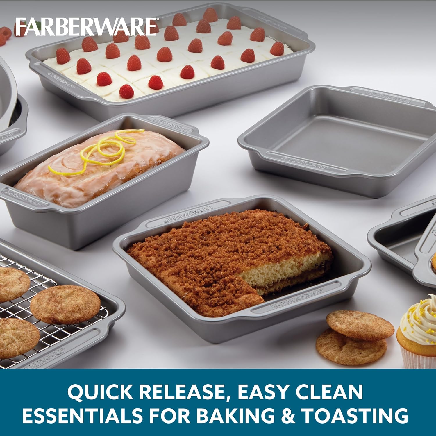 Farberware Nonstick Steel Bakeware Set with Cooling Rack, Baking Pan and Cookie Sheet Set with Nonstick Bread Pan and Cooling Grid, 10-Piece Set, Gray
