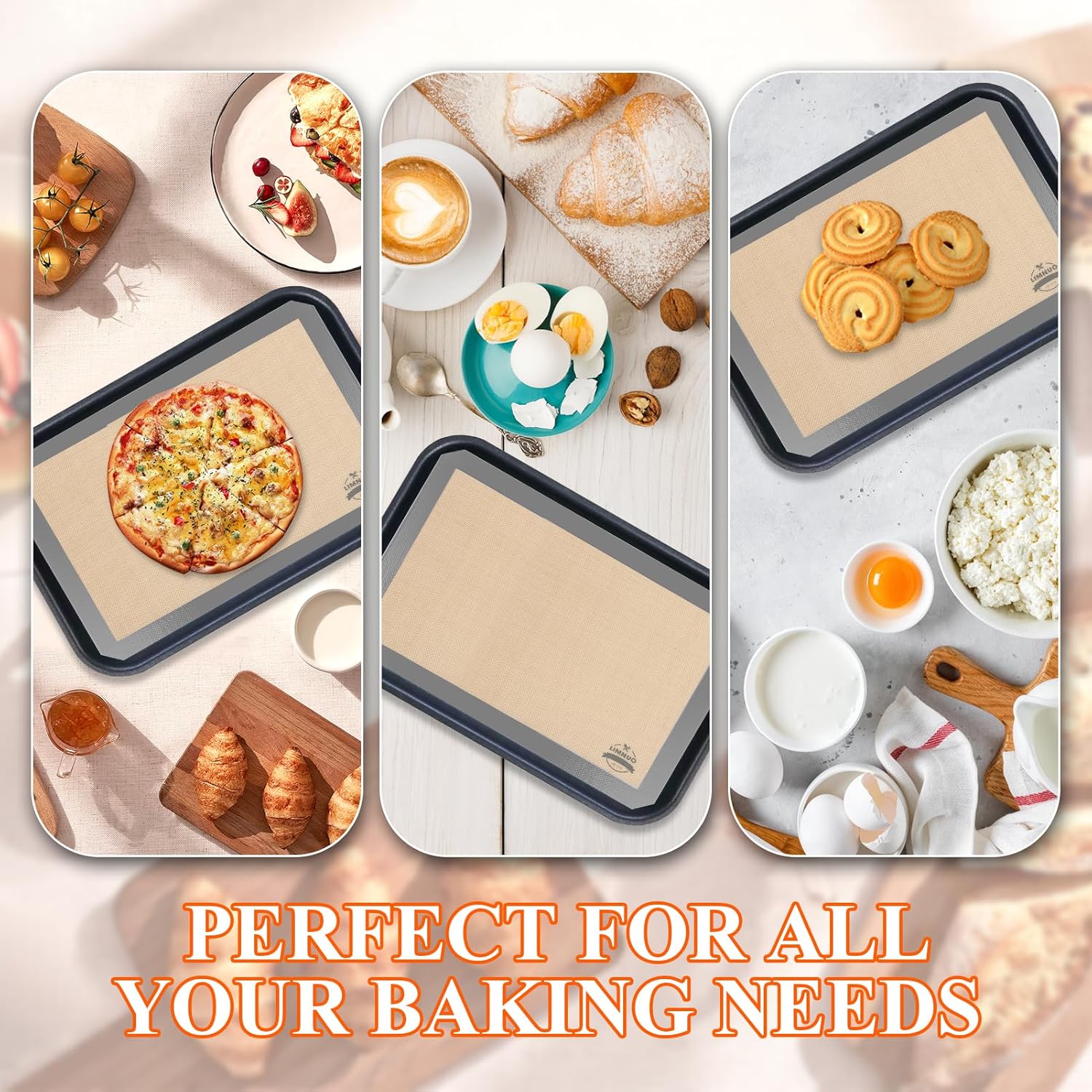 Silicone Baking Mat, Set of 3 Reusable Non-Stick Food Safe Baking Sheets for Cookies,for Making Cookies, Macaroons, Bread (Grey)