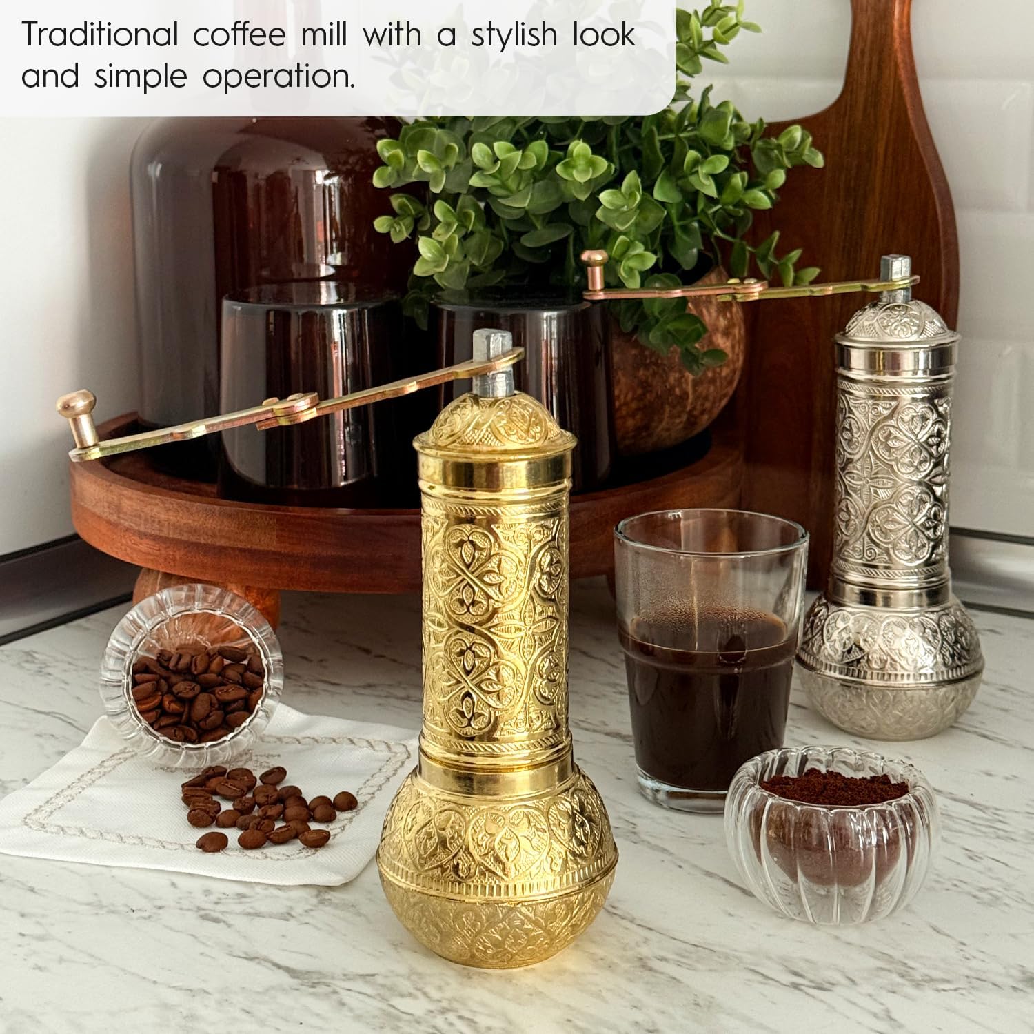 Decorative Handmade Coffee Grinder, Refillable Turkish Spice Mill, Manual Coffee Mill with Handle, Coffee Grinder Metal with Hand Crank 18 cm-7.1 inch