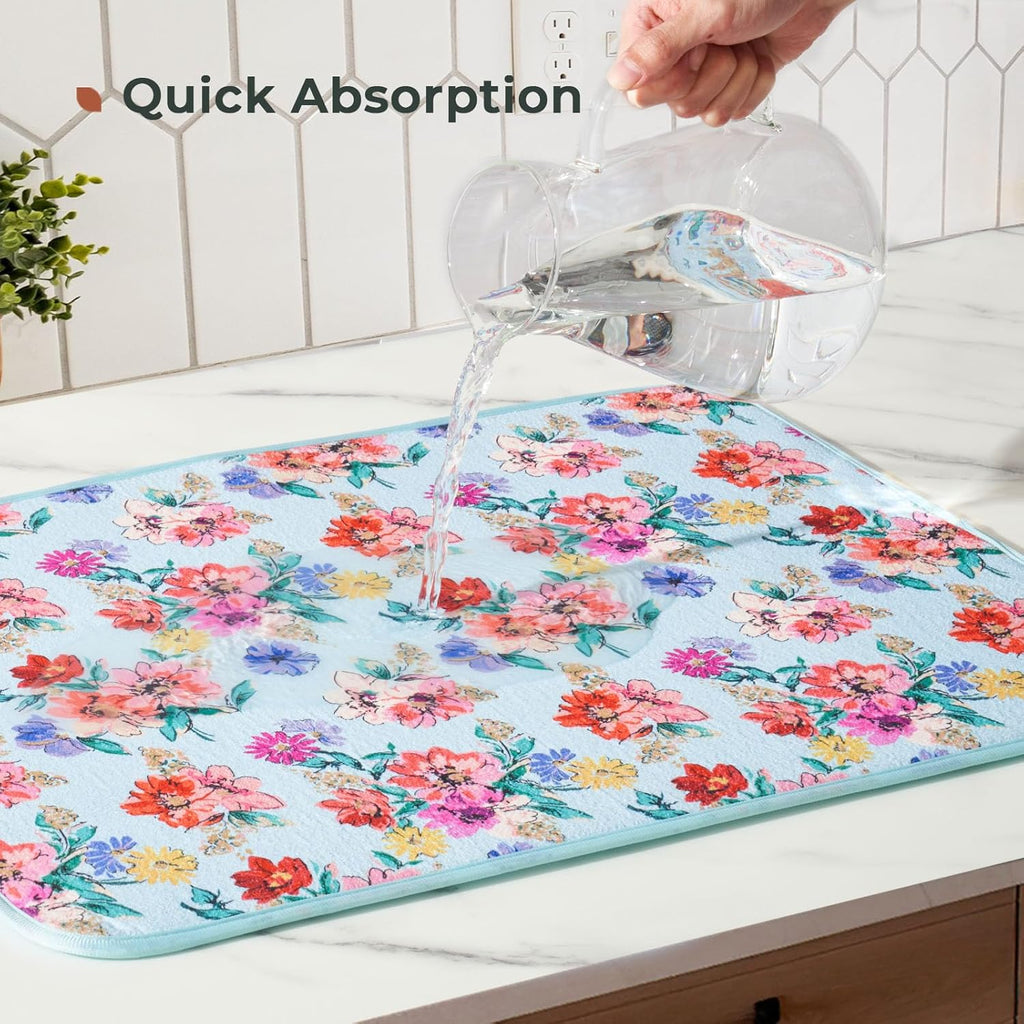 FRESHMINT Printed Dish Drying Mats for Kitchen Counter 2 Pack Absorbent Reversible Drying Mats Microfiber Kitchen Countertop Protector Dishes Drying Pad Extra Large 18"x24" Dish Mat