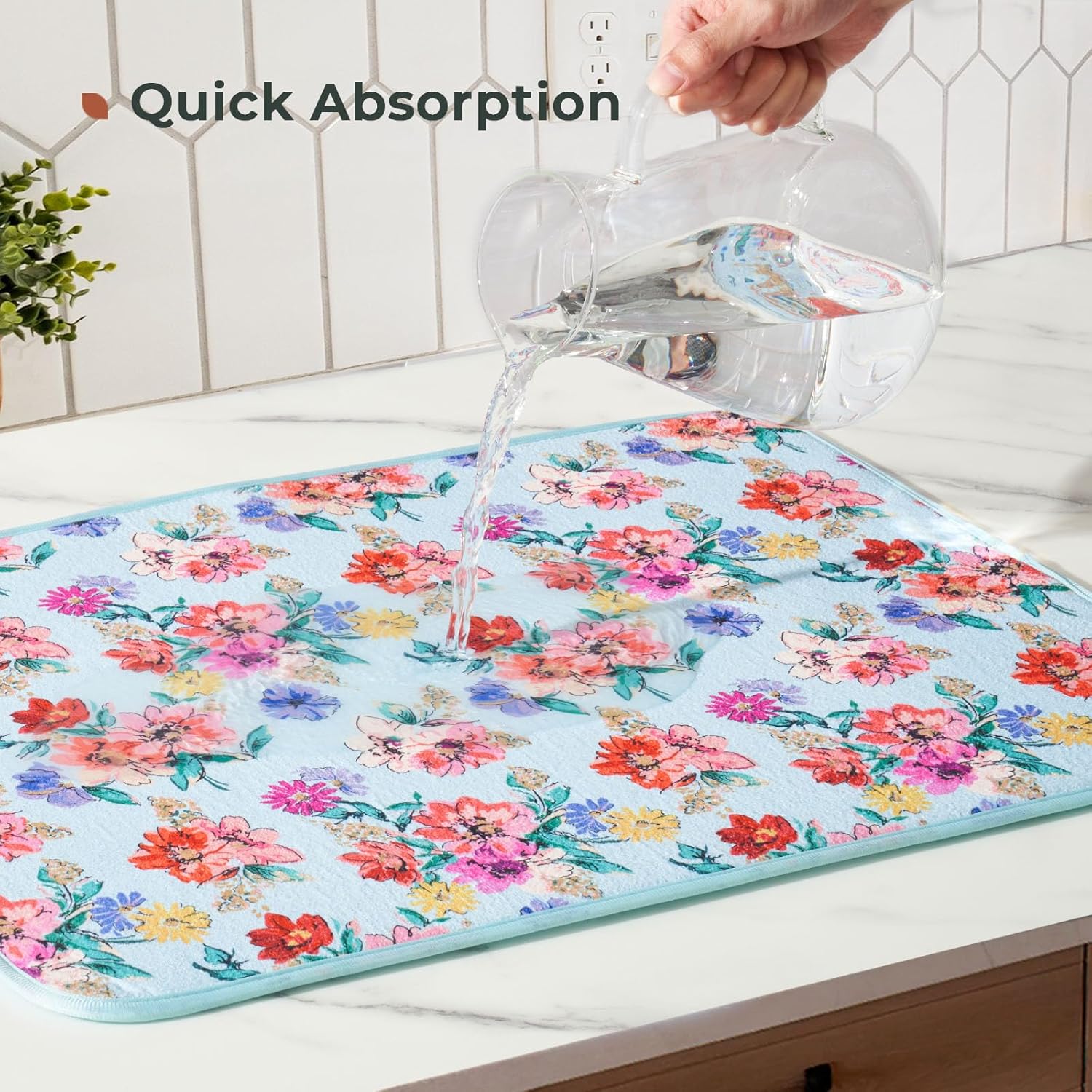 FRESHMINT Printed Dish Drying Mats for Kitchen Counter 2 Pack Absorbent Reversible Drying Mats Microfiber Kitchen Countertop Protector Dishes Drying Pad Extra Large 18"x24" Dish Mat