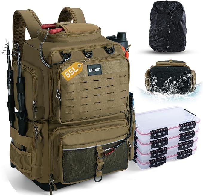 Goture IPX EVA Bottom Fishing Tackle Bag with Rod Holder, Waterproof 600D Fishing Backpack with 8 Lure Pockets & Rain Cover