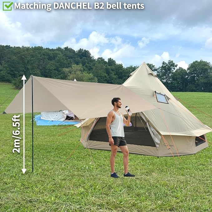 DANCHEL OUTDOOR B2A Waterproof Roomy Interior Yurt Tent, No Center Pole Bell Tent 4/8 Person Family Camping Glamping, 4 Season Hot Tents with Stove Jack 300D Oxford Nylon, 13ft/16.4ft Khaki