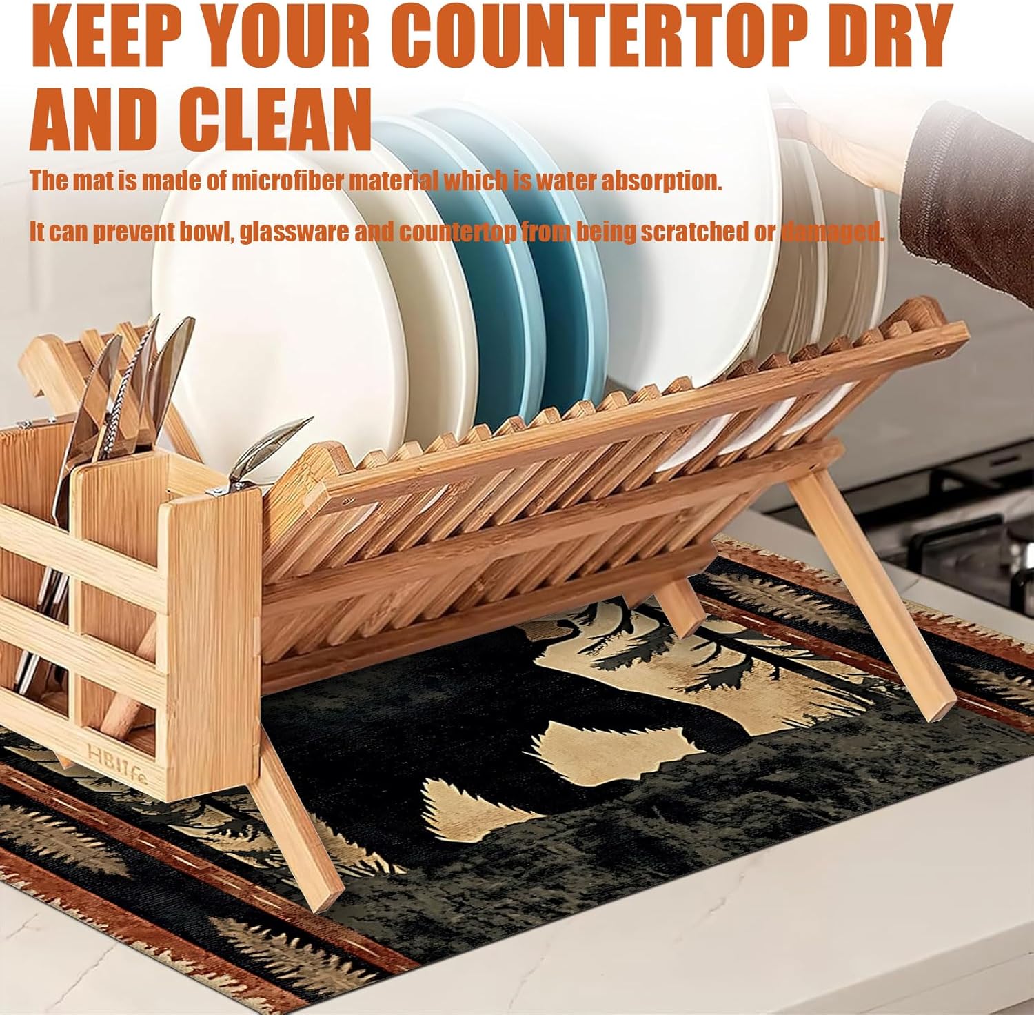 Forest Bear Dish Drying Mat for Kitchen Counter Microfiber Absorbent Dish Kitchen Drying Mat Draining Reusable Washable for Dishes/Utensils/Counterto