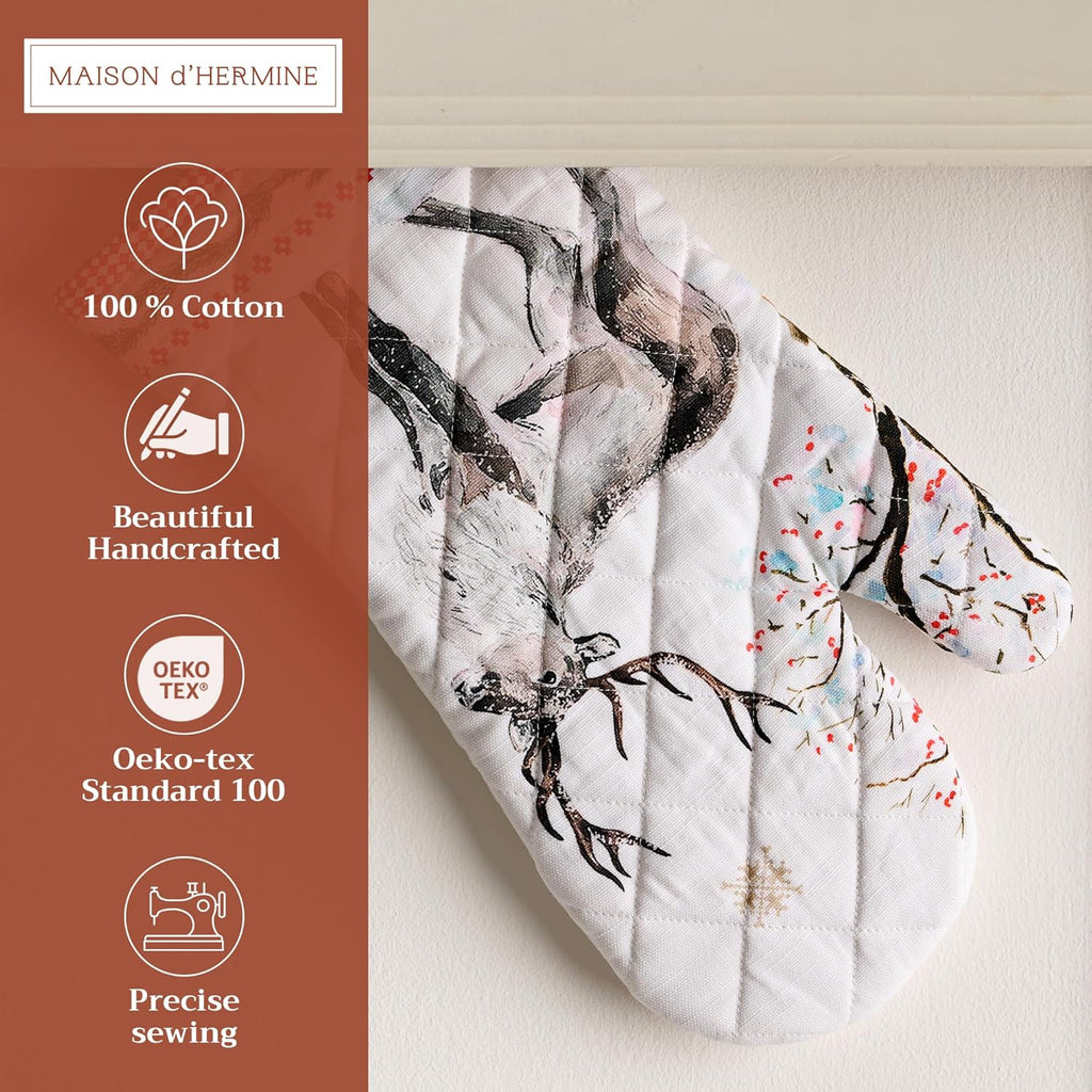 Maison d' Hermine Oven Gloves 100% Cotton Oven Mitt 7" x 13" with Loop Heat Resistant, BBQ, Cooking Gloves, Baking, Grilling, Kitchen, Handling Hot Pans (Pack of 1, Rural Christmas)