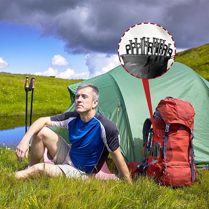 16Pcs Tent Stakes, 8in Heavy Duty Tent Stakes with Storage Pouch, Forged Steel Tent Sakes Metal, Metal Stakes for Tent Used on Grassland, Snowfield, Dessert(16Pcs, 8in, Diameter 1/4")