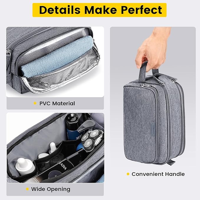 Vorspack Travel Toiletry Bag for Men - Water Resistant Mens Toiletry Travel Bag Dopp Kit Shaving Bag for Bathroom Toiletries Gifts - Grey