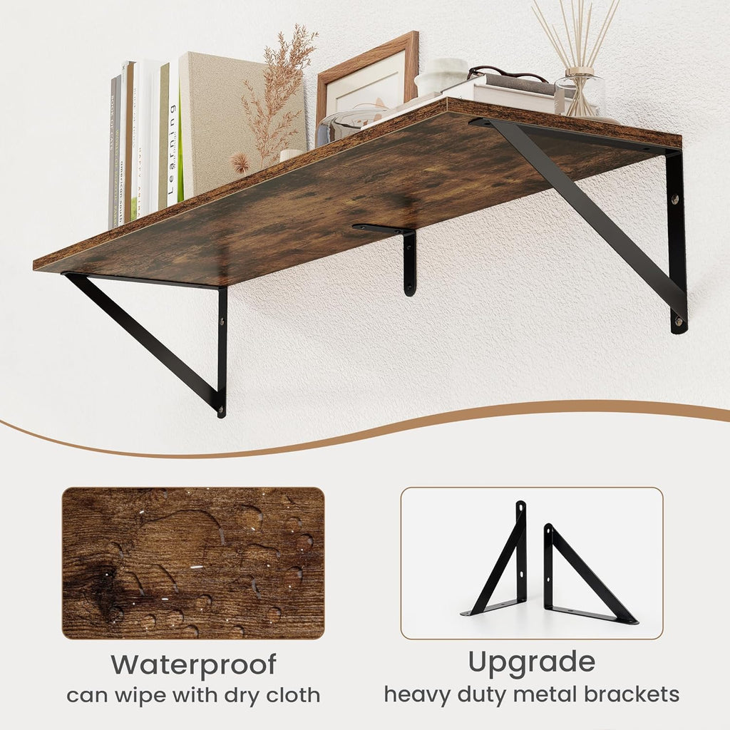 Heimlove Deep Floating Shelves for Wall, 32W x 8D Wood Wall Shelves Set of 2, Wide Floating Bookshelf for Living Room, Kitchen, Office, Bedroom and Decor Storage, with Metal Bracket - Rustic Brown