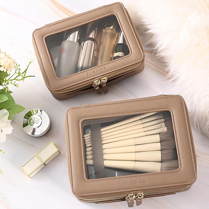 Aveniee Large Clear Makeup Bags, Double Layer Cosmetic Bags with Separate Brush Compartment, Travel Toiletry Bag Cosmetic Train Case, Travel Accessories Organizer for Women(2 Layers, Brown)
