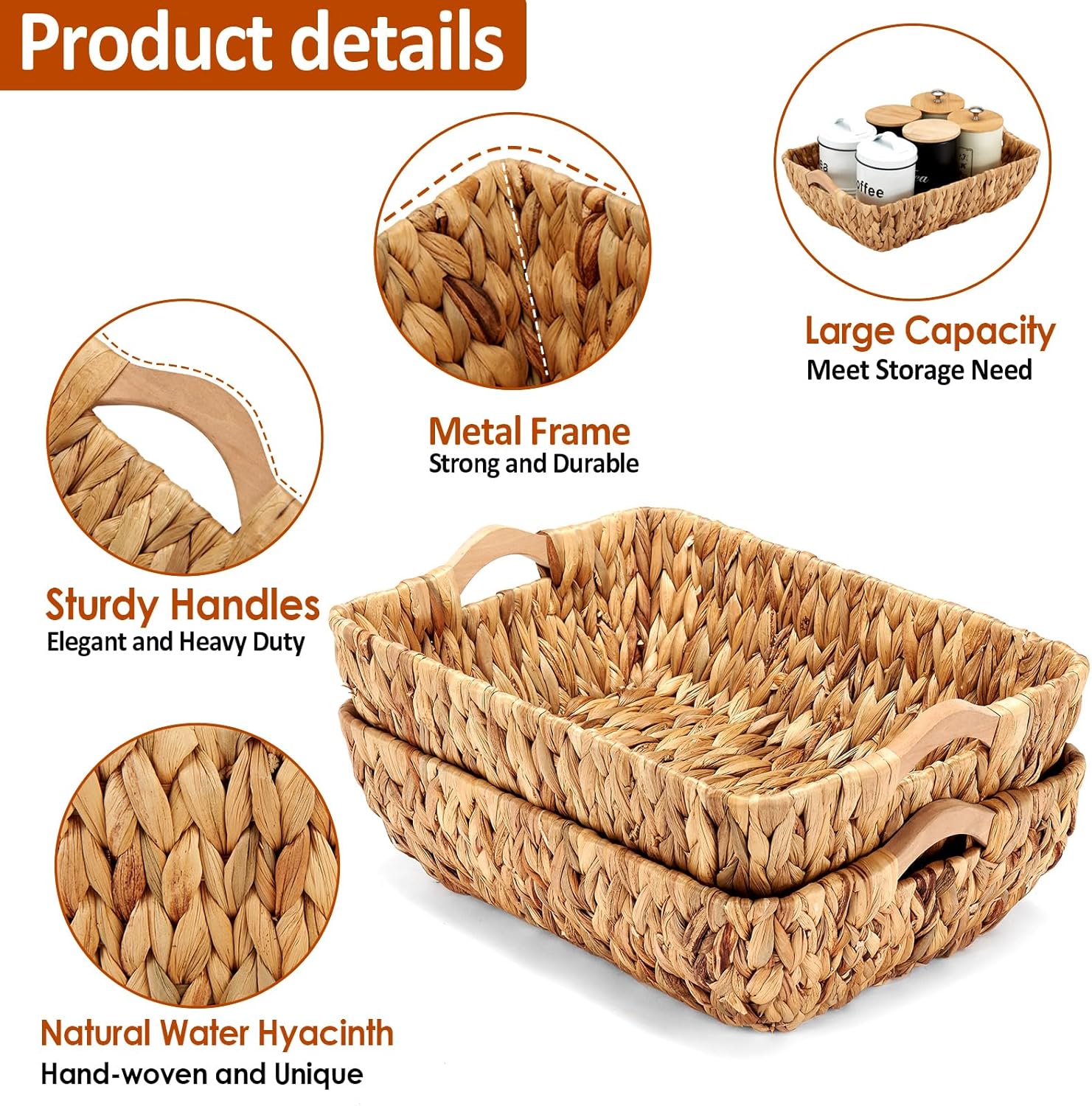 Wicker Baskets 2 Pack, Water Hyacinth Wicker Storage Basket with Wooden Handles, Hand-Woven Baskets for Storage, Natural