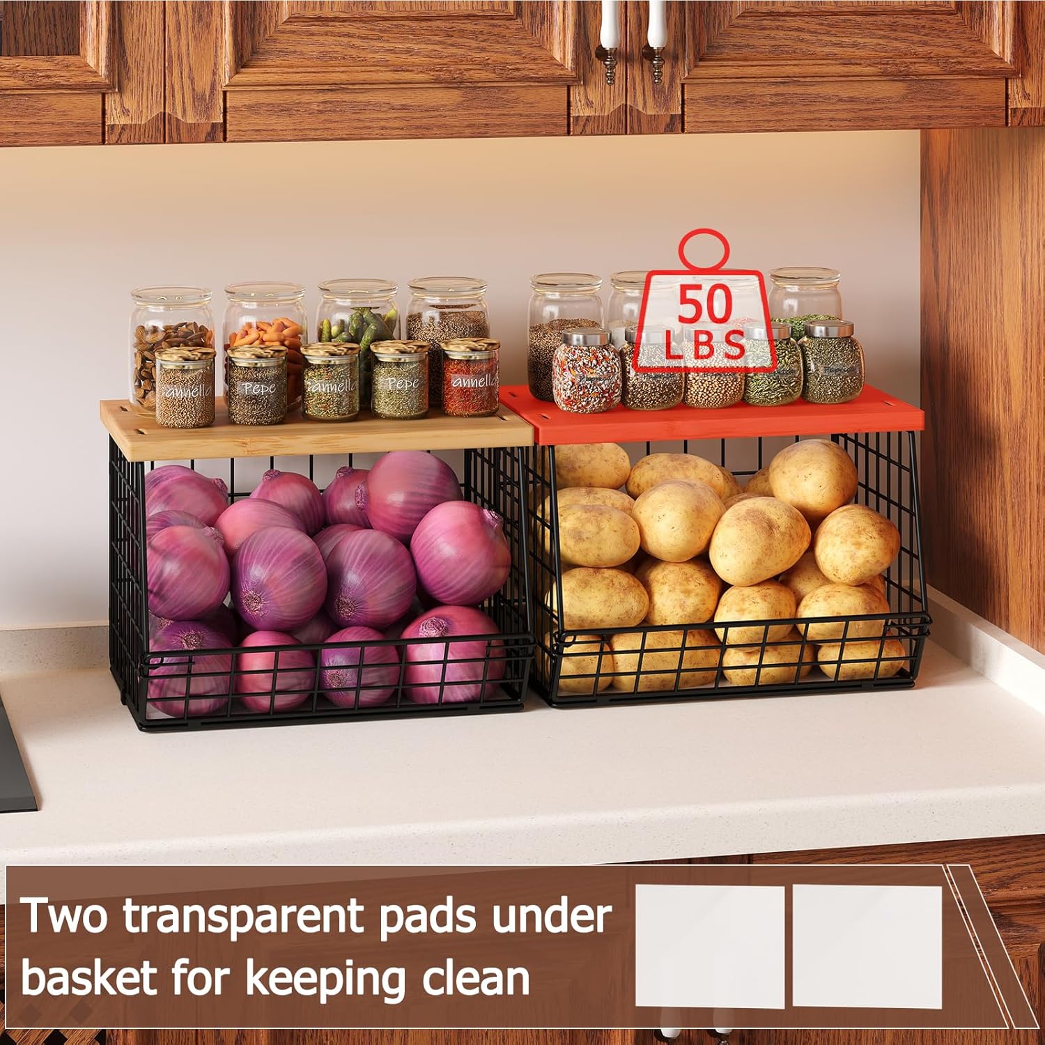 2 Set Stackable Wire Basket with Wooden Tops & Pad for kitchen organizers and storage, XXL Kitchen Counter Organizer for Fruit, Vegetable, Bread, Potato and Onion Storage Bin