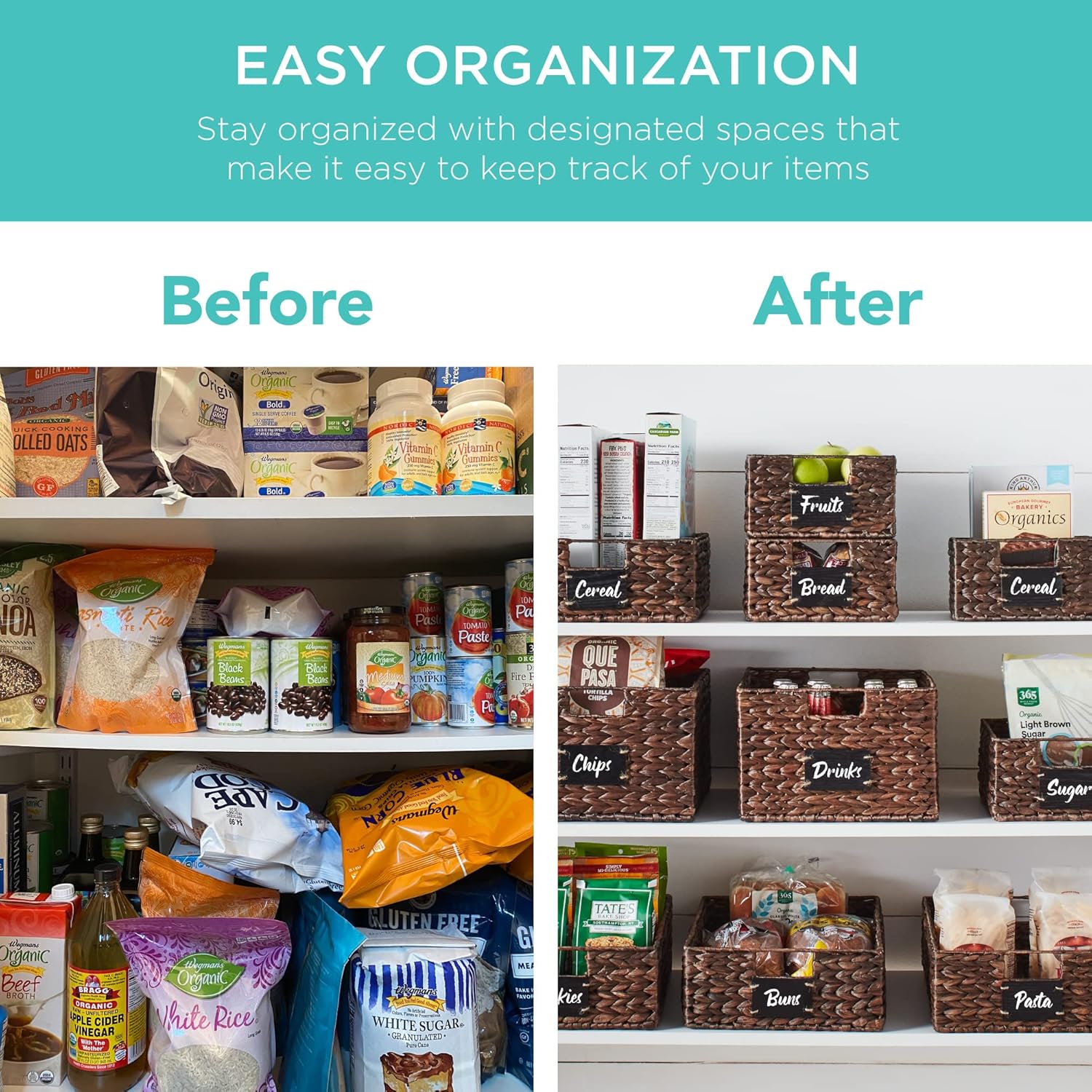 Best Choice Products Pantry Baskets Set of 2 16x12in Water Hyacinth Storage Baskets, Woven Wicker Organizers with handles w/Chalkboard Label Chalk Marker - Brown