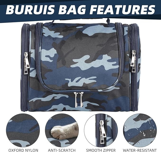 Buruis Large Capacity Toiletry Bag for Women and Men, Hanging Toiletry Organizer Cosmetics Makeup Bag, Water-resistant Dopp Kit Shaving Bags for Full Sized Toiletries, Travel Essentials (Camo Blue)