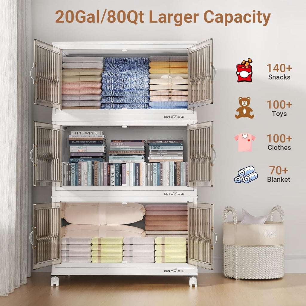 240Qt Stackable Storage Bins with Lid, Extra Large Closet Organizer Collapsible Drawer Boxes with Wheels, Folding Plastic Cabinet Containers for Home Kitchen Room Organization, 3Pack White