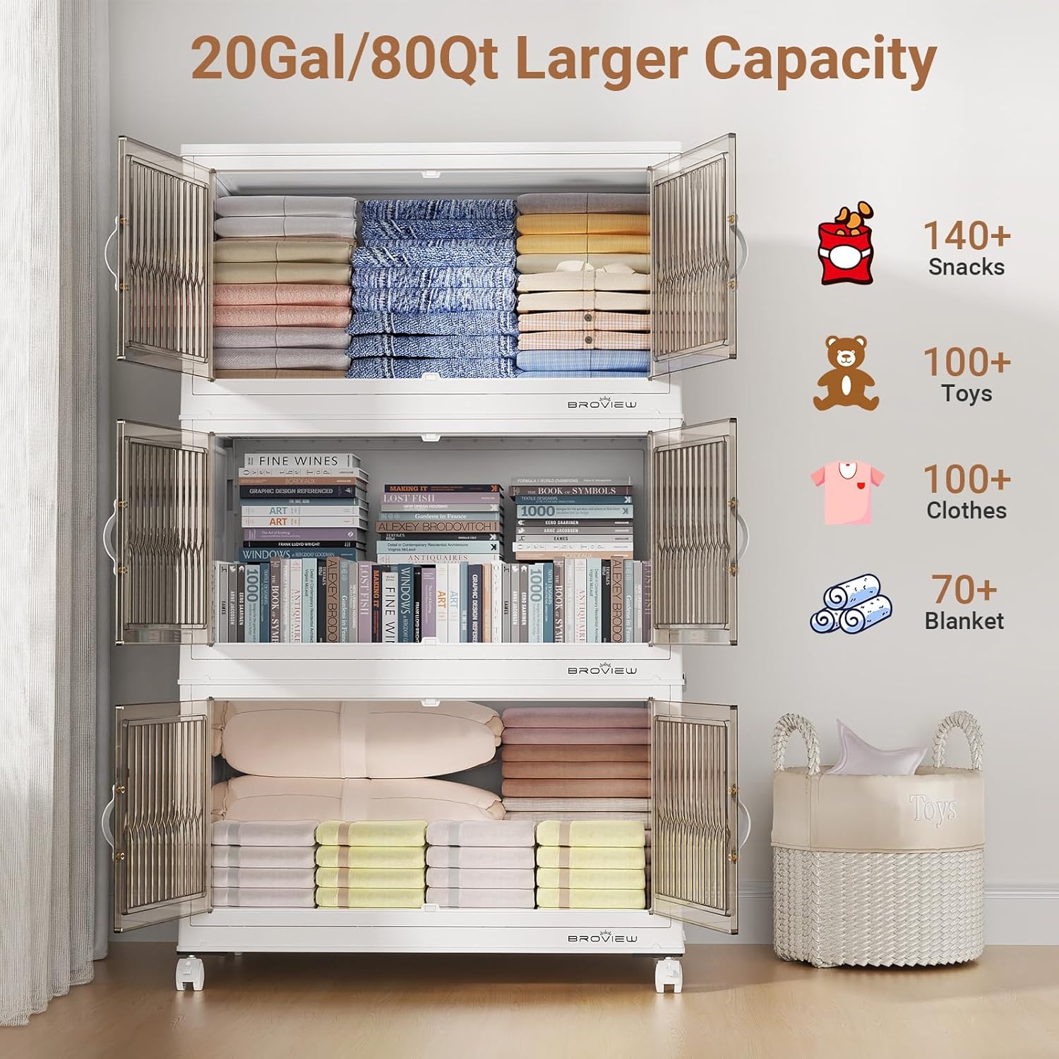 240Qt Stackable Storage Bins with Lid, Extra Large Closet Organizer Collapsible Drawer Boxes with Wheels, Folding Plastic Cabinet Containers for Home Kitchen Room Organization, 3Pack White