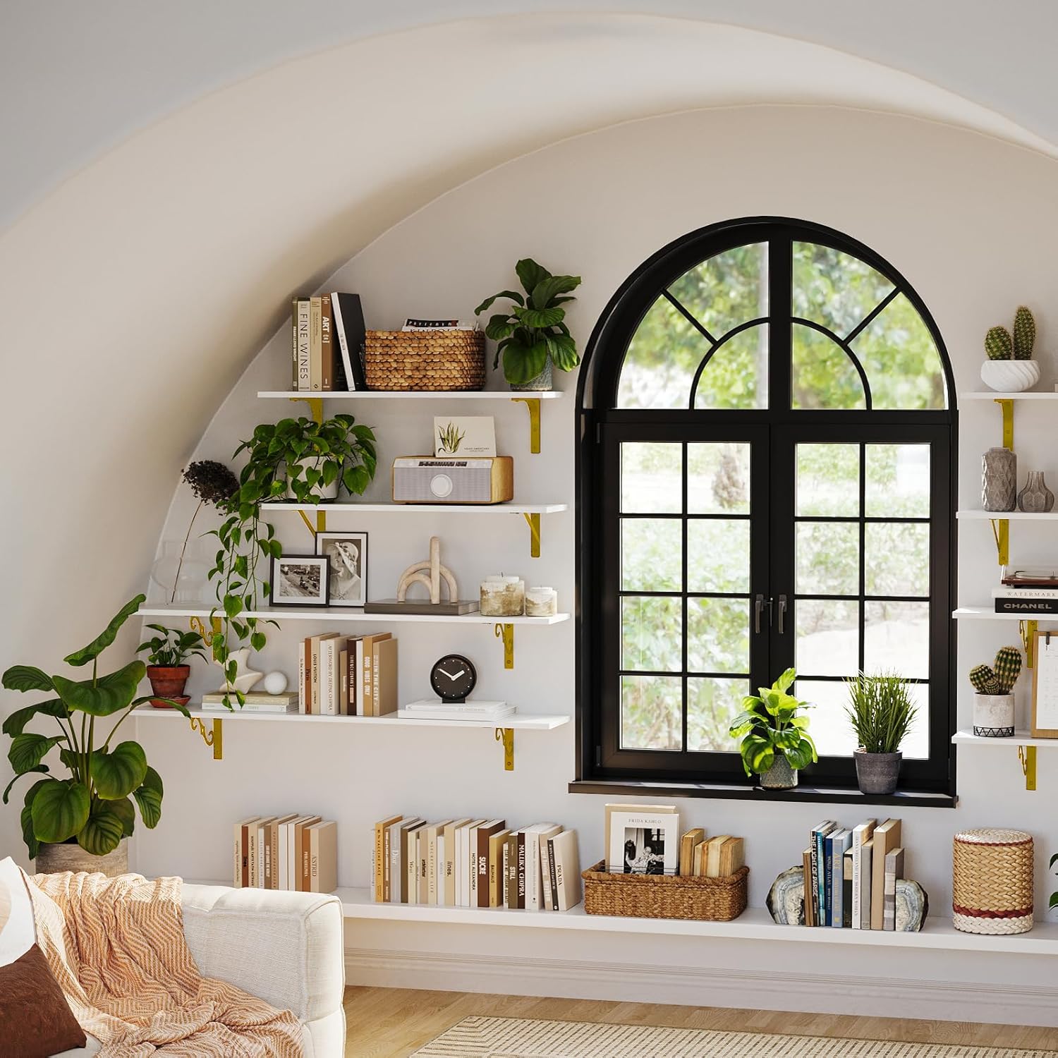 DINZI LVJ Long Wall Shelves, Set of 4, 31.5Inch Wall Mounted Shelves, Floating Shelves for Wall Storage with Metal Brackets, for Living Room, Bathroom, Bedroom, Kitchen, White and Gold