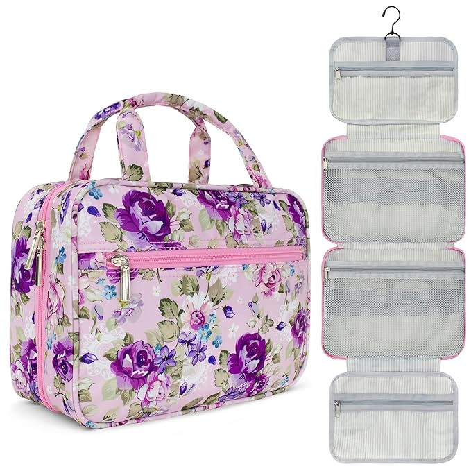 PAVILIA Hanging Toiletry Bag Travel Bag Women Men, Foldable Cosmetic Organizer, Roll up Makeup Bag, Water Resistant Accessories Toiletries, Large Travel Essentials Kit (Purple Floral)