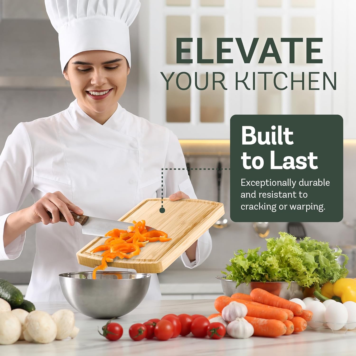 Wood Cutting Board - 3 Piece Bamboo Cutting Board Set, Wooden Cutting Boards for Kitchen with Deep Juice Groove, Side Handles - Chopping Boards for Meat, Vegetables, Charcuterie - Kitchen Gift Set