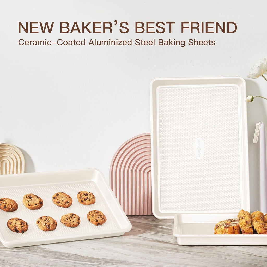 HONGBAKE 3 Pack Nonstick Ceramic Baking Sheet Pan Set for Oven, Non-Toxic Half/Quarter/Jelly Roll Pans with Diamond Texture, Heavy Duty 0.8mm Thick Aluminized Steel Cookie Trays for Cooking, Cream