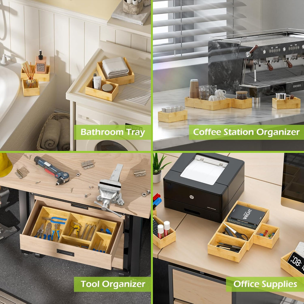 Bamboo Drawer Organizer Set, 5 PCS Multi-use Varied Sizes Junk Drawer Organizer Kitchen Storage Box for Office, Home, Bedroom, Bathroom, Bamboo