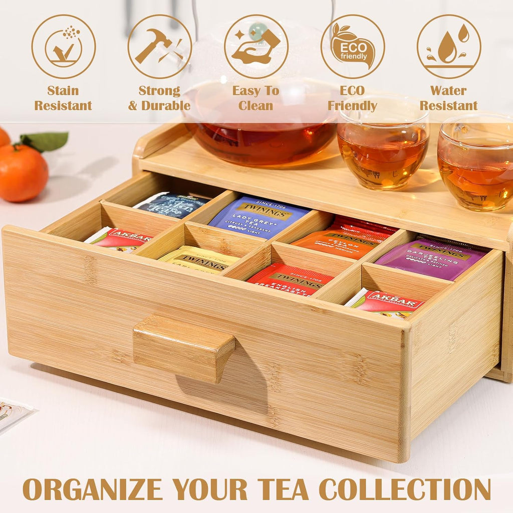 Bamboo Tea Bag Organizer, Slide Drawer Storage Box with 8 Compartments, Eco-Friendly Countertop Holder Display for Teabags, Tea Station Chest, Organizador De Te