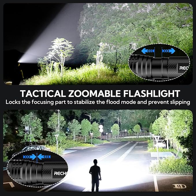 RECHOO S2000 LED Flashlight High Lumens, Super Bright, Powerful, Mid-Size Tactical Flashlight with 3 Modes, Zoomable, Water Resistant Flashlights for Home, Emergencies, Camping, Outdoor Use
