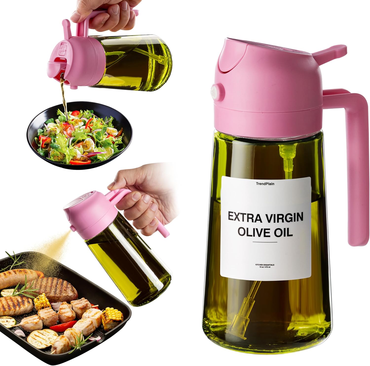 TrendPlain - Original 16oz/470ml Olive Oil Dispenser Bottle for Kitchen Gadgets and Air Fryer Accessories - Olive Oil Sprayer for Cooking w/Stickers - Bubblegum