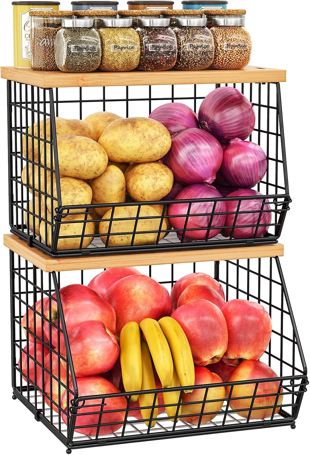 2 Set Stackable Wire Basket with Wooden Tops & Pad for kitchen organizers and storage, XXL Kitchen Counter Organizer for Fruit, Vegetable, Bread, Potato and Onion Storage Bin
