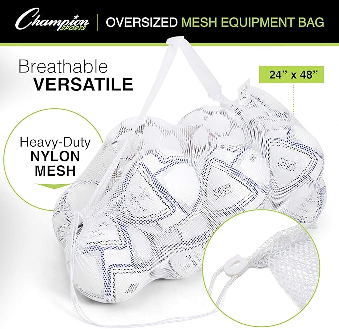 Champion Sports Mesh Equipment Bag – Heavy-Duty Nylon Drawstring Bag with Lock & ID Tag, Breathable Storage Sack for Balls, Swim Gear, Laundry & Toys, Multiple Sizes & Colors