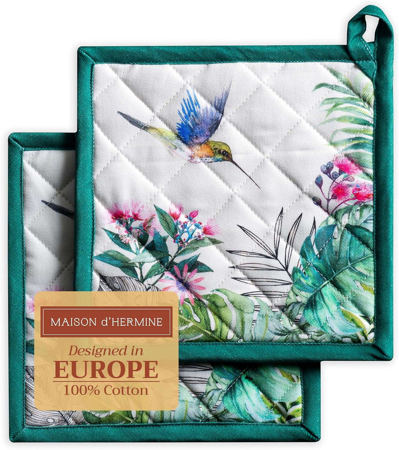 Maison d' Hermine Pot Holders Set 100% Cotton Heat Resistant Potholders 8" x 8" Hot Pads with Loop BBQ, Cooking, Baking, Grilling, Kitchen, Handling Hot Pans Spring/Summer (Pack of 2, Tropiques)