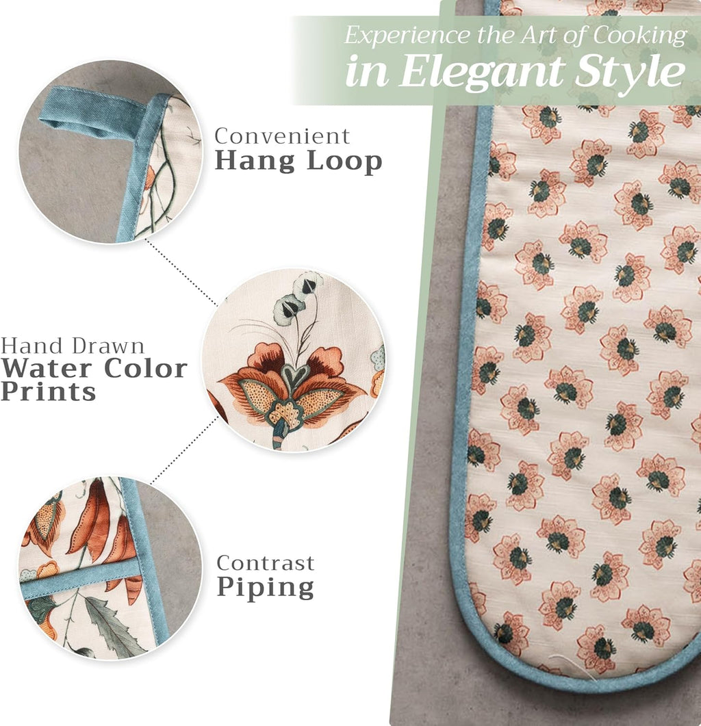 Maison d' Hermine Double Oven Mitts 100% Cotton 7"x35" Double Oven Mitt Heat Resistant BBQ Cooking Gloves with Loop, Baking, Grilling, Home, Kitchen, Handling Hot Pans (Dalida)